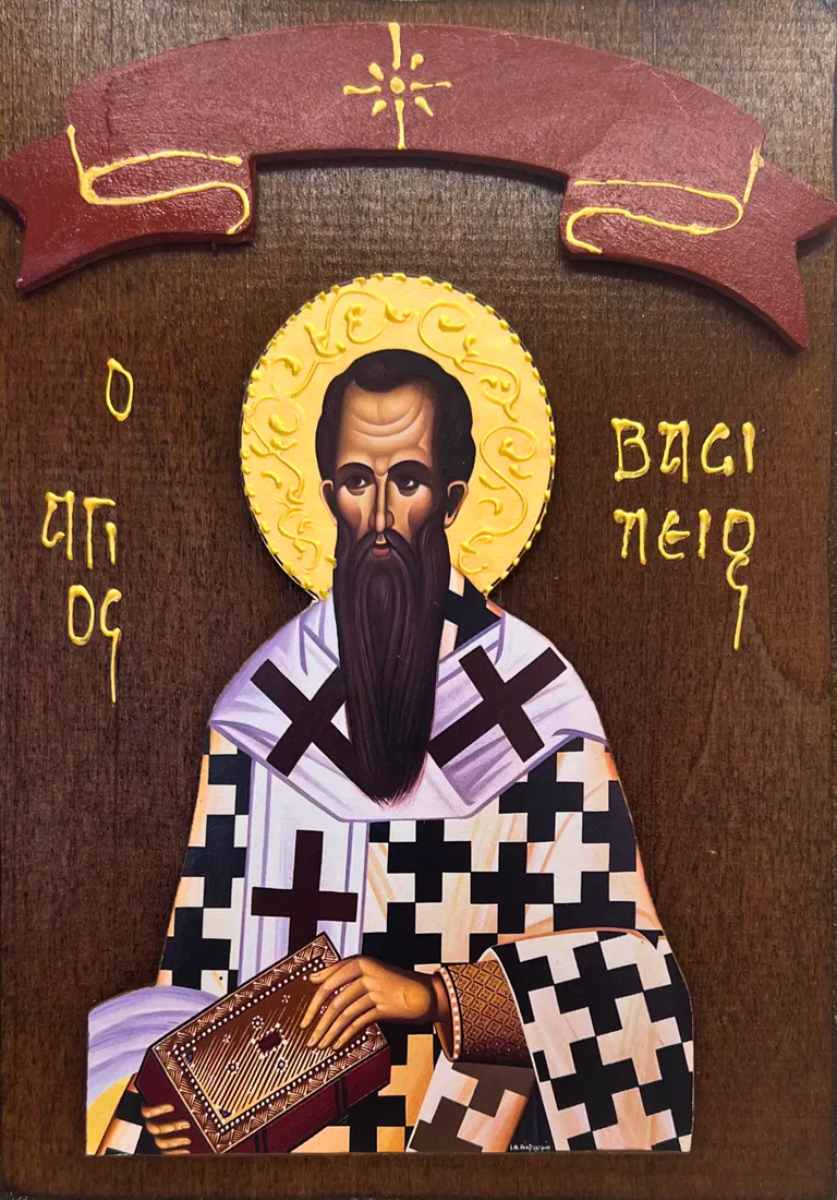 Drvena ikona Svetog Vasilija Velikog - arhijerej tamne brade u belom omoforu sa crnim krstovima drži Jevanđelje, grčki natpis Ο ΑΓΙΟΣ ΒΑΣΙΛΕΙΟΣ, crvena traka na drvenoj dasci