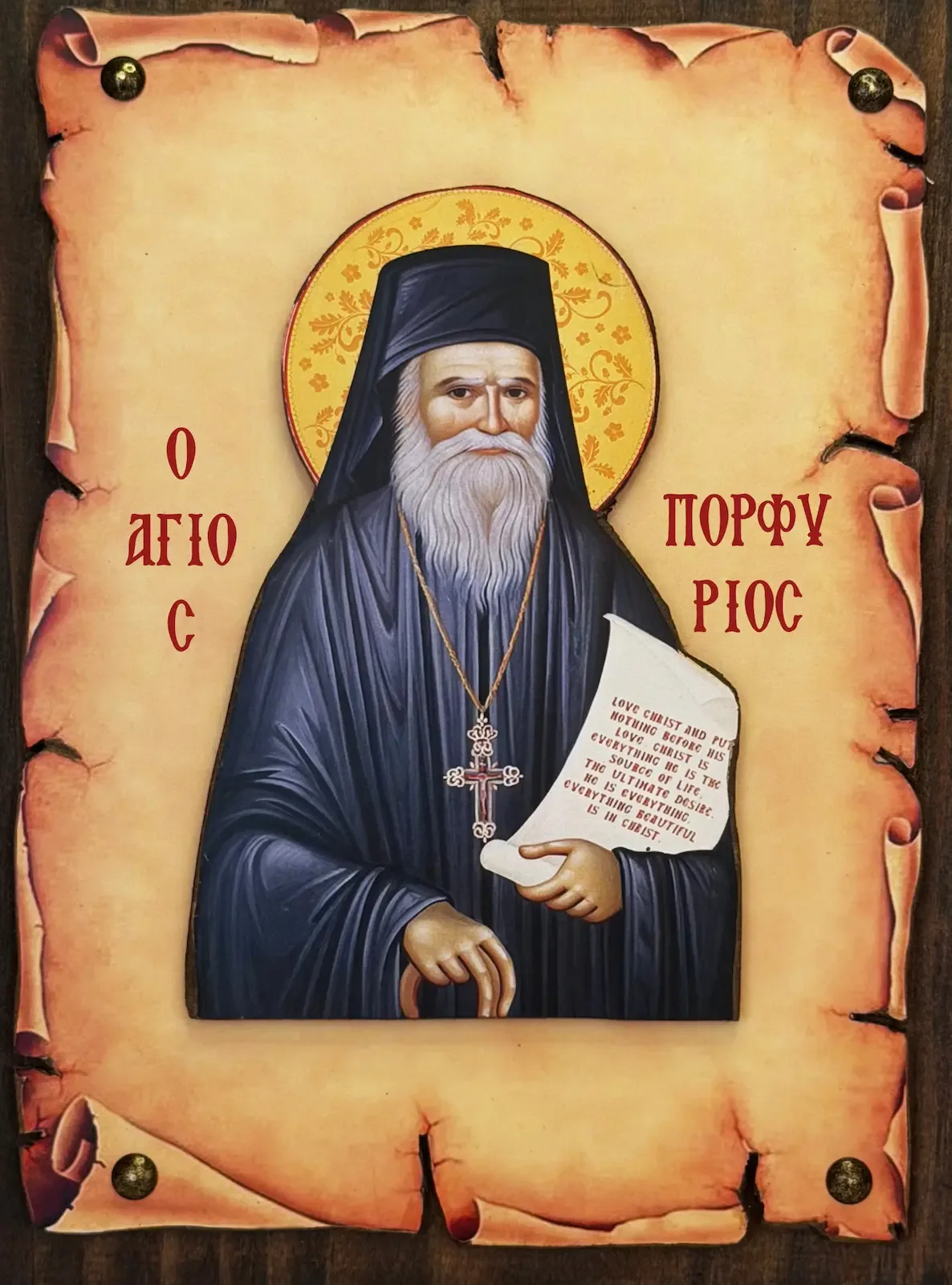 Icon of Saint Porphyrios of Kavsokalyvia on Papyrus and Wood