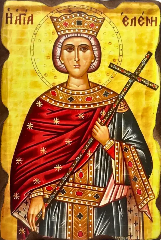 Sveta carica Jelena Ravnoapostolna (majka cara Konstantina Velikog), prikazana sama, u carskoj kruni i bogato vezenoj odeždi, kako u ruci drži - pravoslavna ikona, litografija na MDF