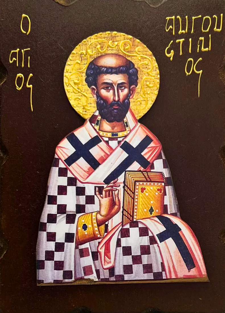 3D ikona Svetog Avgustina Hiponskog - episkop u beloj odeždi sa krstovima, blagosilja i drži jevanđelje, grčki natpis Ο ΑΓΙΟΣ ΑΥΓΟΥΣΤΙΝΟΣ - dvoslojna ikona na tamnoj MDF dasci