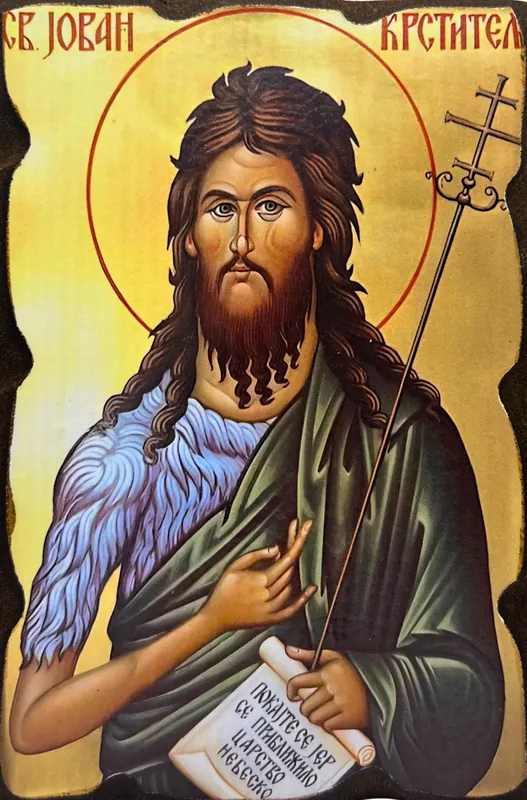 Sveti Jovan Krstitelj u poprsju sa dvostrukim krstom-štapom i crvenim oreolom, pravoslavna ikona, litografija na MDF
