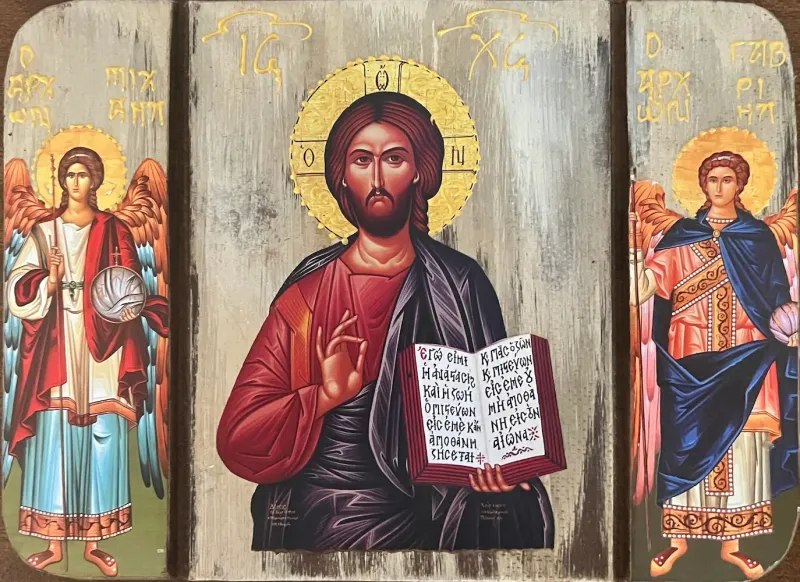Trodelna ikona — Hristos Pantokrator, Arhanđeo Mihailo i Arhanđeo Gavrilo