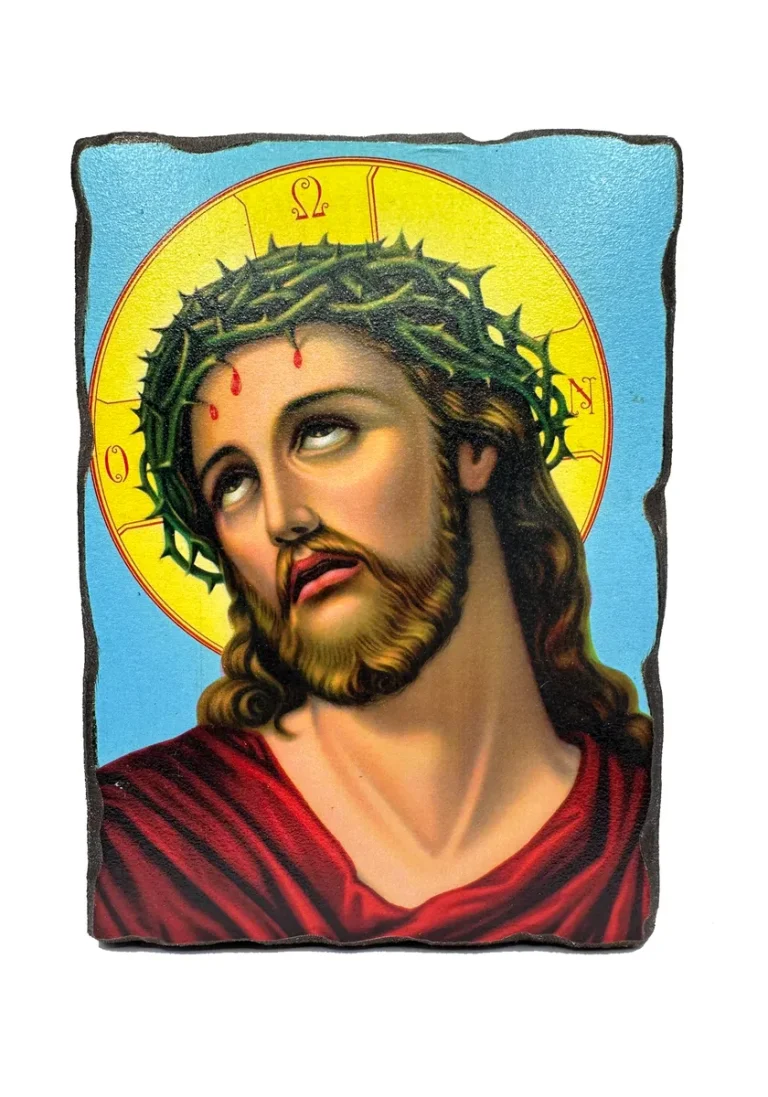 Ikona Isusa Hrista Nymfija sa trnjevim vencem – plava pozadina, ručno rađena na prirodnom drvetu