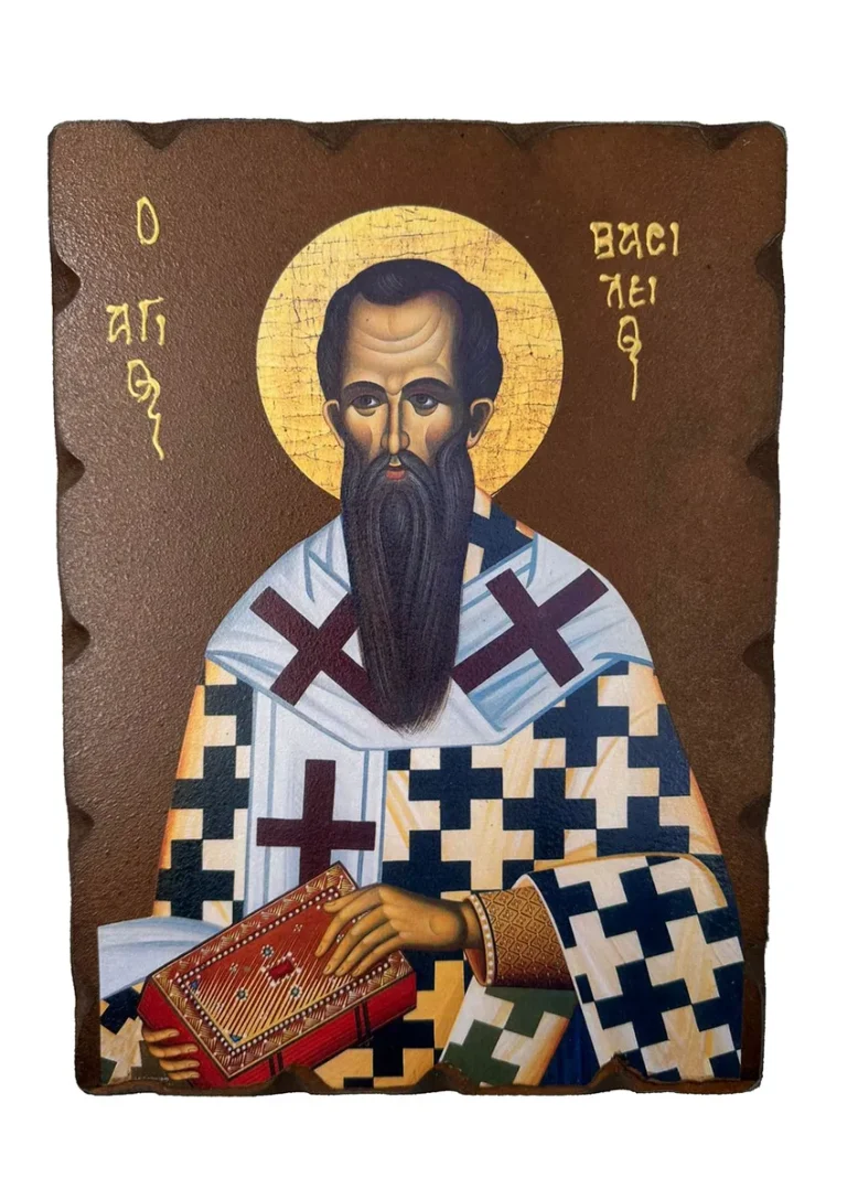 Ikona Svetog Vasilija Velikog na prirodnom drvetu – ručno rađena, arhijerejske odeždе