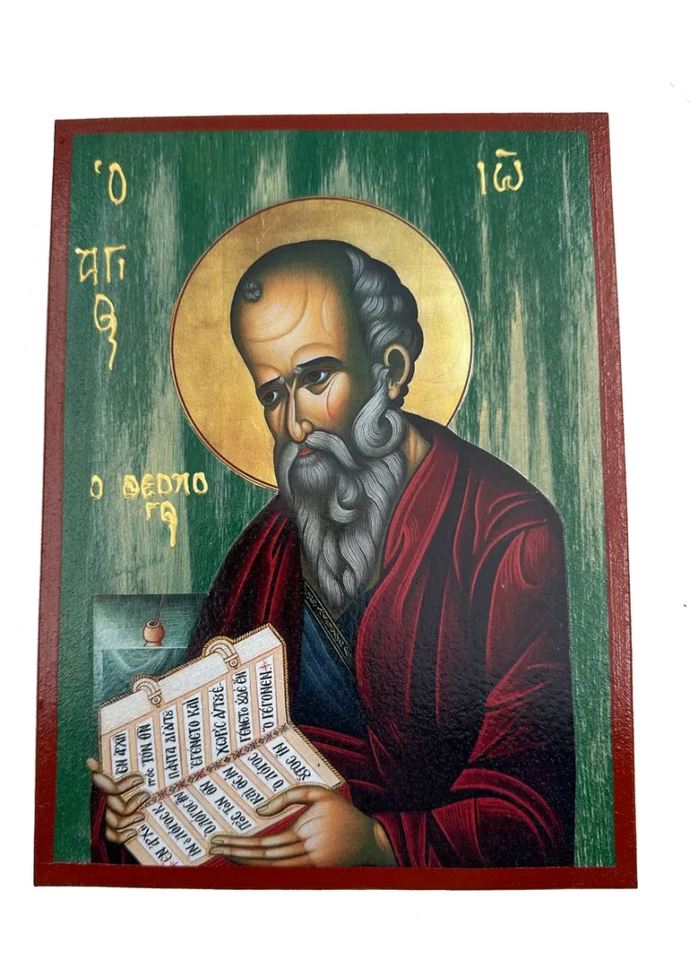 Pravoslavna ikona Svetog Jovana Bogoslova sa knjigom – ručno rađena, zelena pozadina