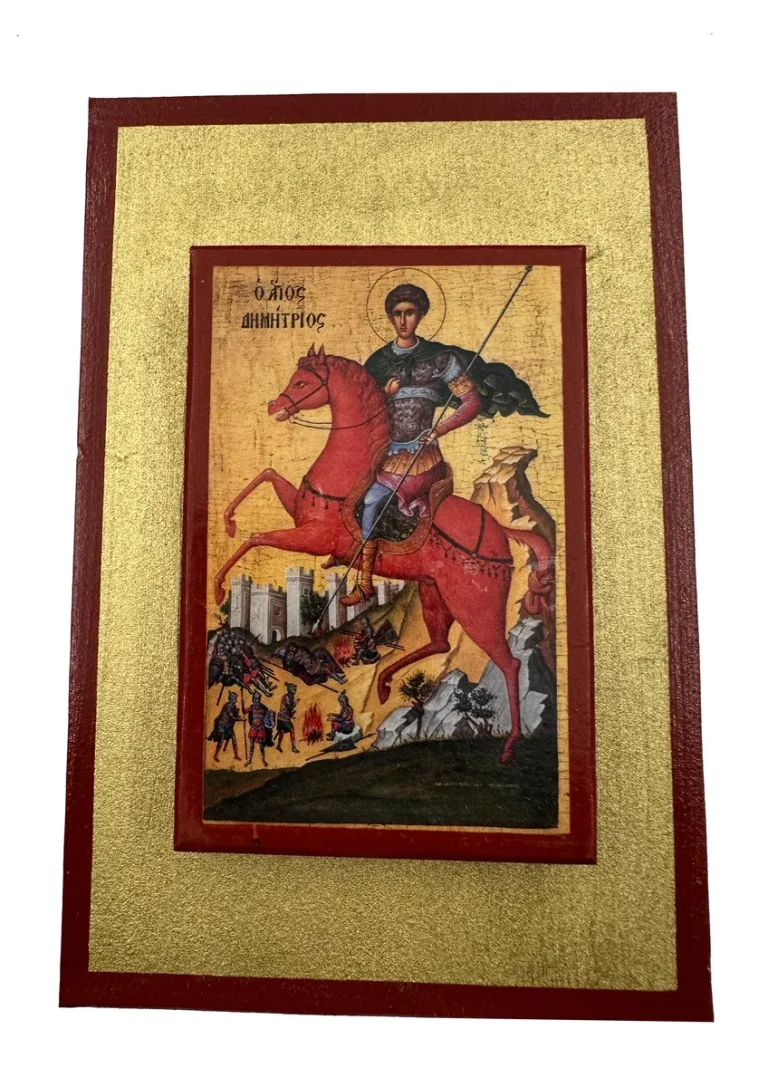 Dupla pravoslavna ikona Svetog Dimitrija Solunskog na konju – ručni rad, zlatna pozadina