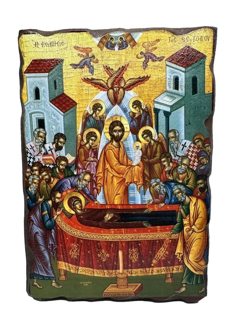 Ikona Uspenje Presvete Bogorodice, ručni rad na drvetu sa talasastim ivicama, vizantijski stil.