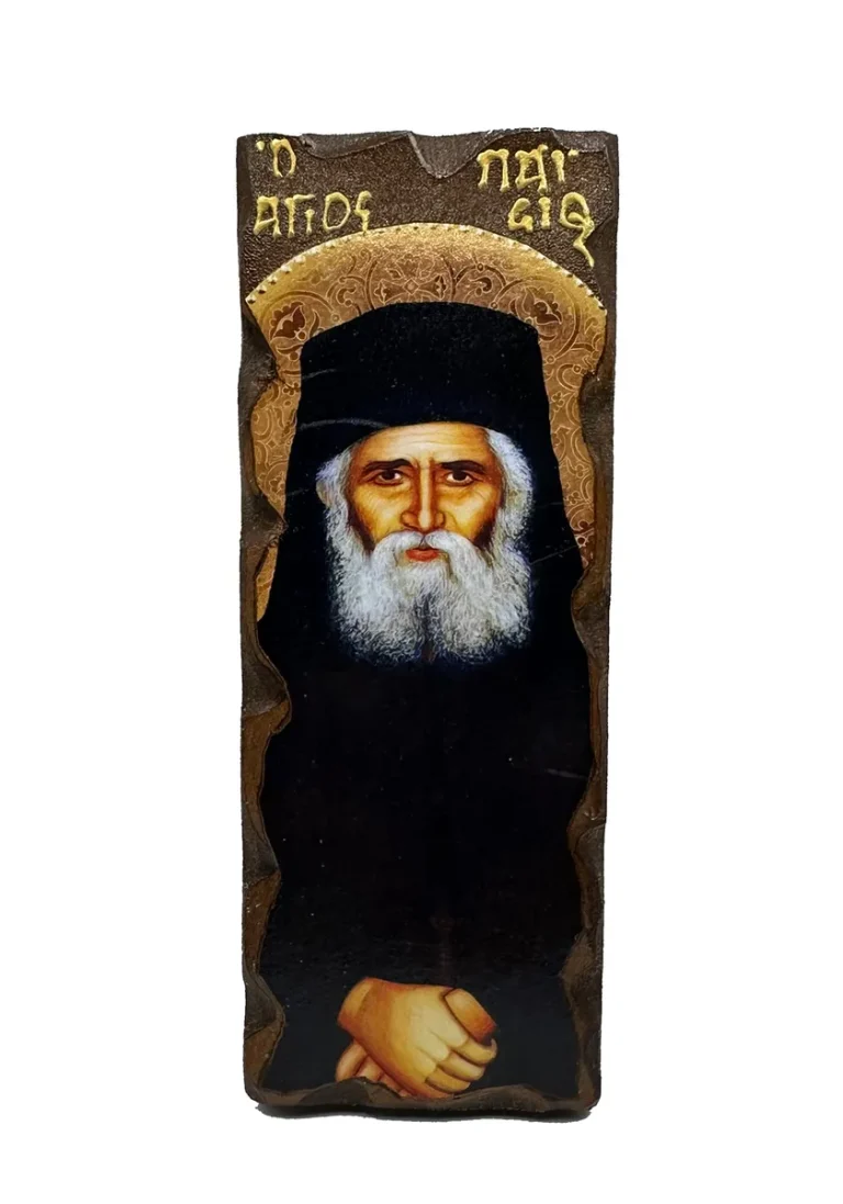 Ikona Svetog Pajsija Svetogorca, portret na drvetu sa tamnom podlogom.