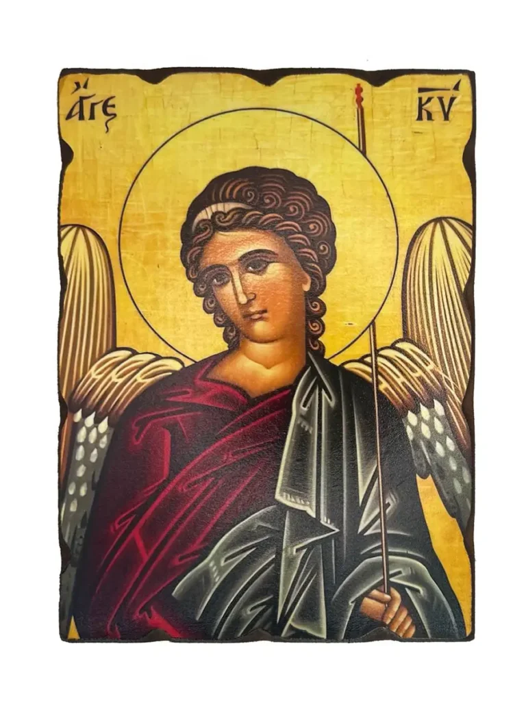 Ikona Svetog Arhangela Gavrila sa krilima i glasničkim štapom, rad na drvetu.