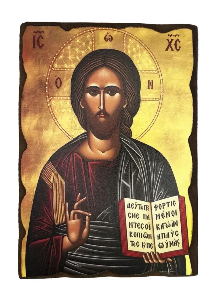 Ručno rađena pravoslavna ikona Isusa Hrista sa otvorenim Jevanđeljem na starom drvetu.