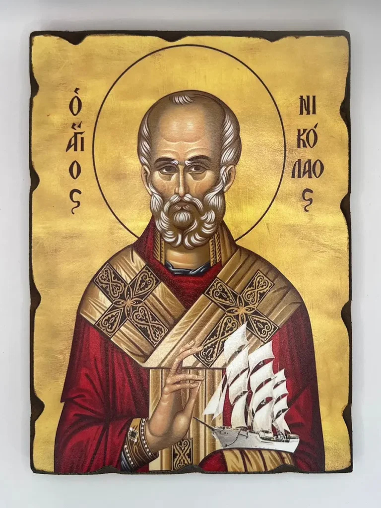 učno oslikana ikona Svetog Nikole sa brodom, zaštitnika putnika i moreplovaca.