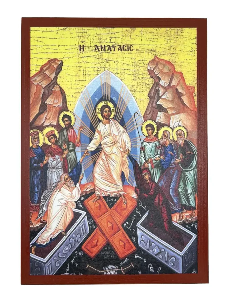 Ikona Vaskrsenja Gospodnjeg (Hristos u adu), bogata kompozicija sa svetiteljima.